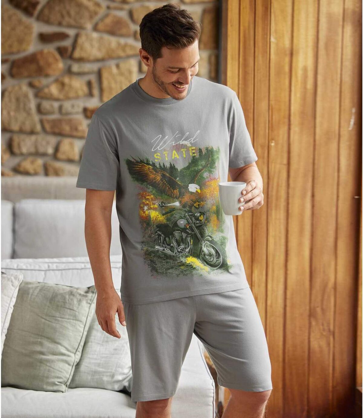 Men's Eagle Print Pajama Short Set - Gray Atlas For Men