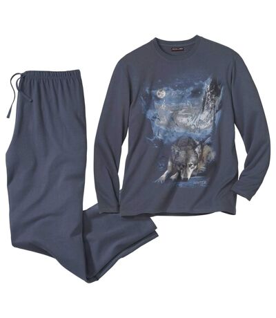 Men's Wolf Print Long Cotton Pyjamas - Blue