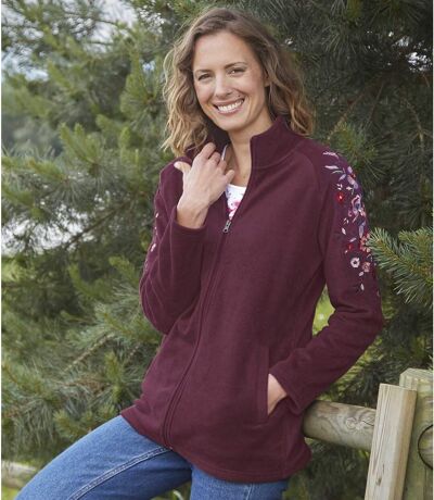 Women's Embroidered Full-Zip Fleece Jacket - Burgundy
