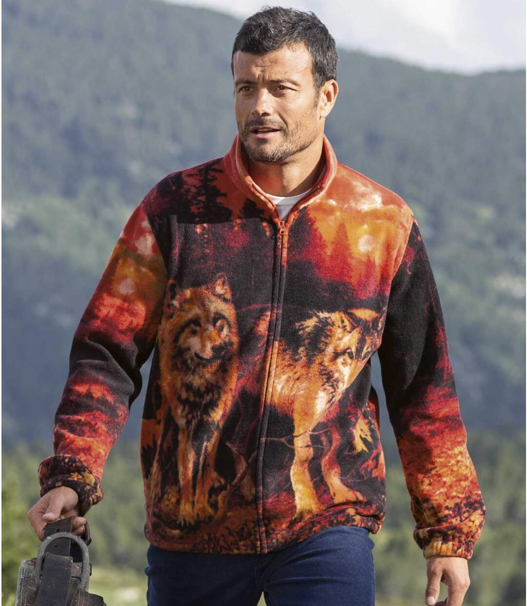 Men's Wolf Print Fleece Jacket - Red  Atlas For Men