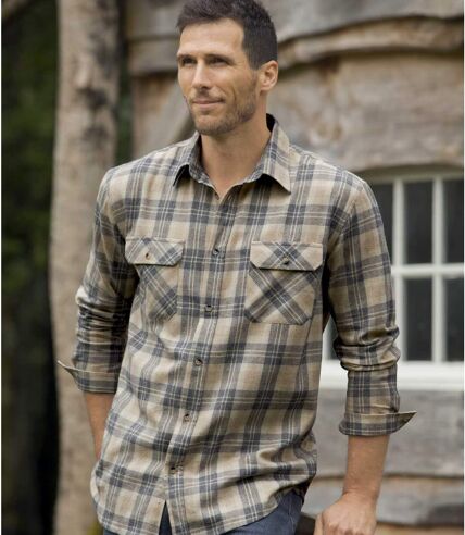 Men's Checked Flannel Shirt - Taupe Blue