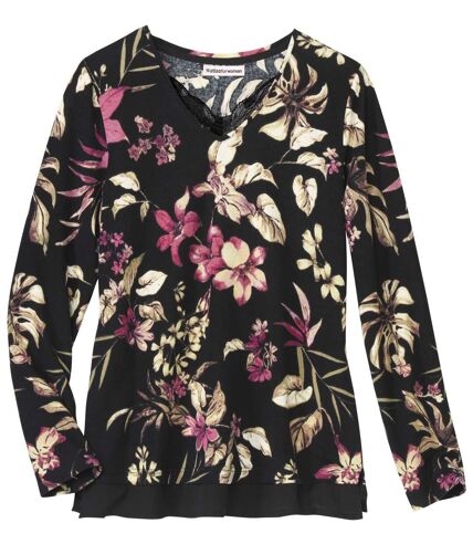 Women's Floral Top with Lace Neckline
