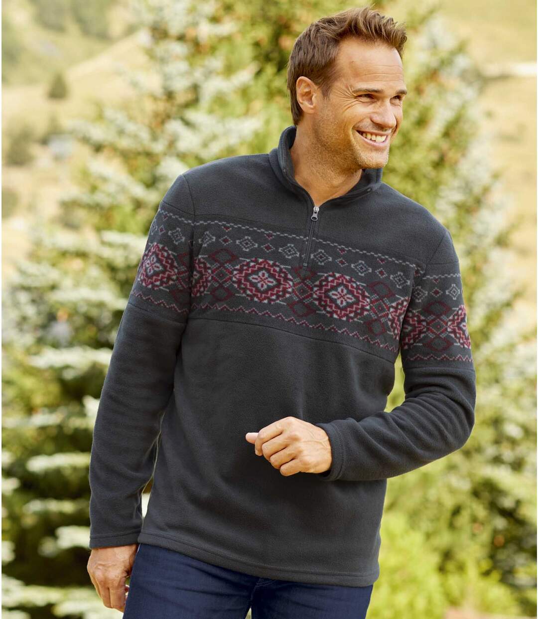 Polarowy sweter z suwakiem w żakardowe motywy Atlas For Men