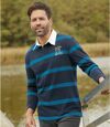 Men's Striped Long-Sleeved Polo Shirt - Navy Blue Atlas For Men