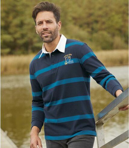 Men's Striped Long-Sleeved Polo Shirt - Navy Blue