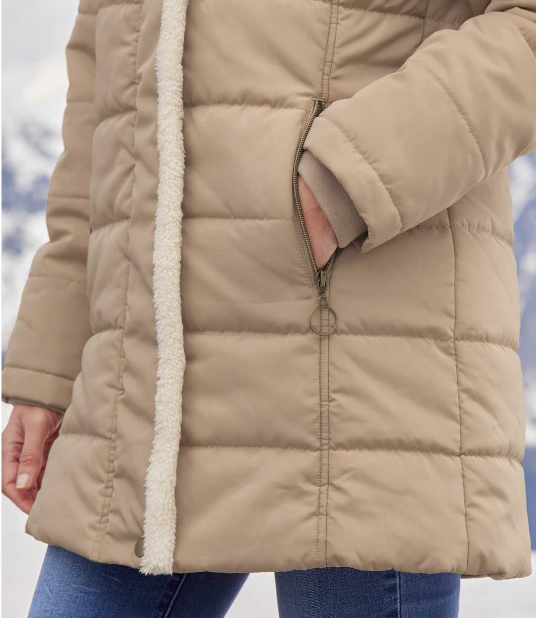 Ciepła, długa, pikowana kurtka z kapturem podszytym polarem Coral Atlas For Men