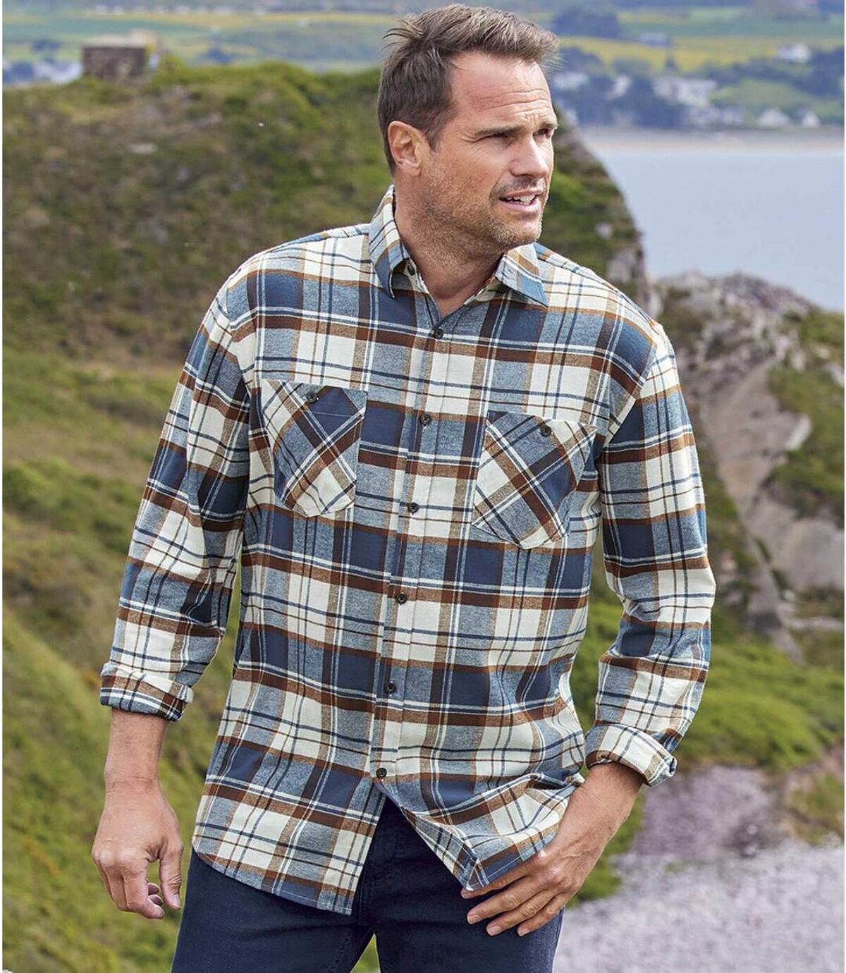 Men's Casual Checked Flannel Shirt - Navy, Brown, Ecru Atlas For Men