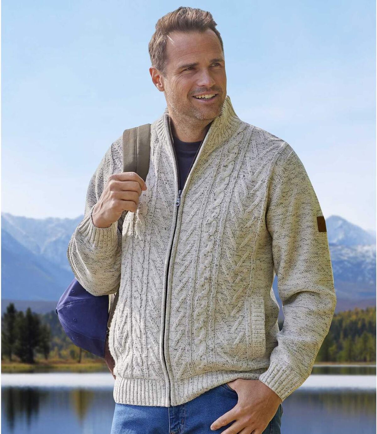 Men's Beige Full Zip Knitted Jacket - Fleece Lining Atlas For Men