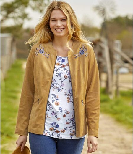 Women's Embroidered Faux Suede Jacket - Camel