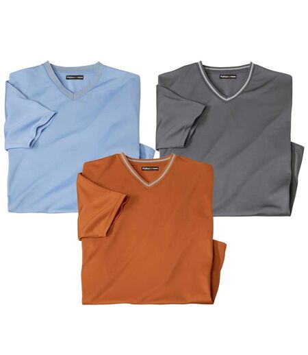 Pack of 3 Men's V-Neck T-Shirts - Sky Blue Orange Grey