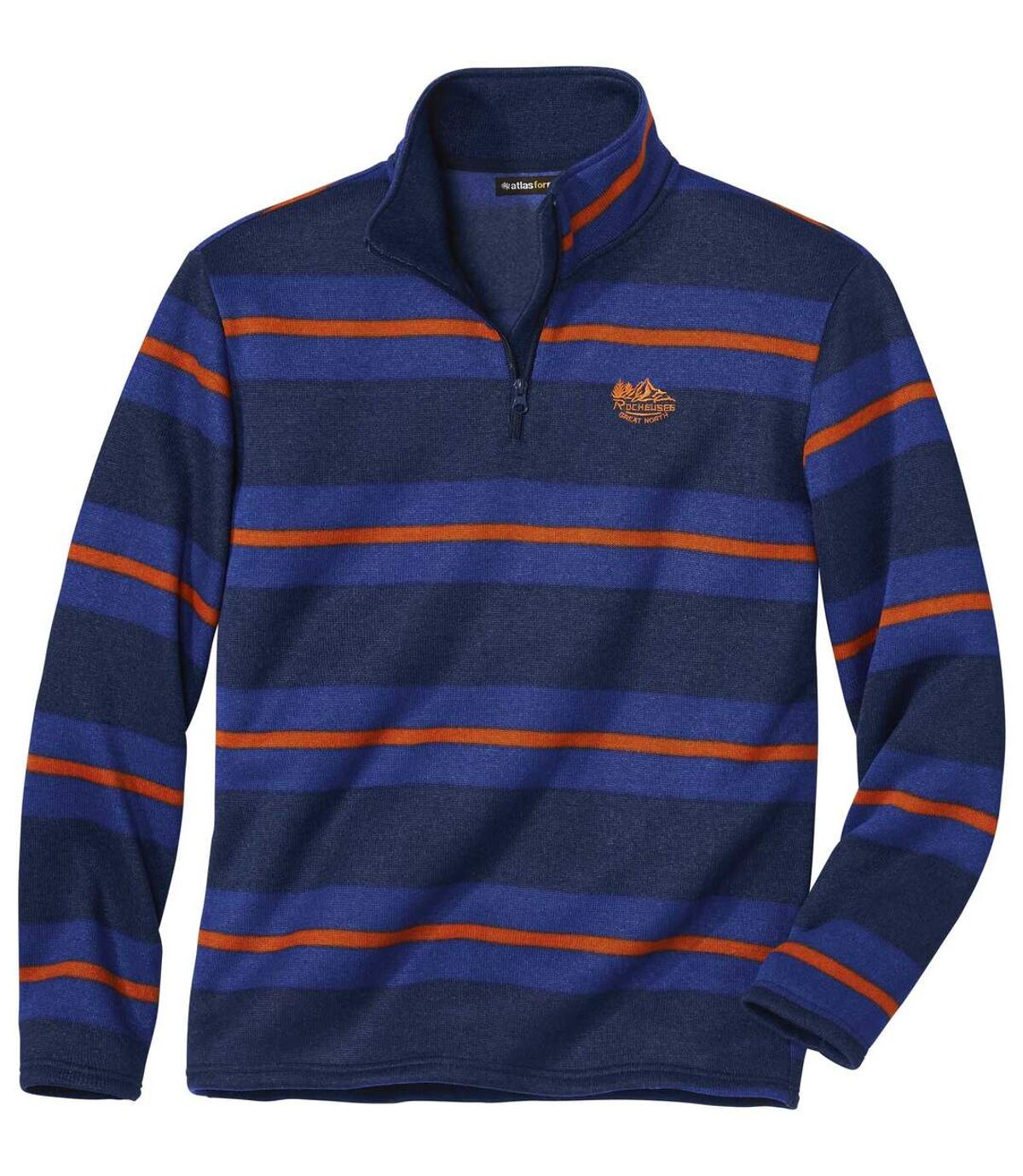Men's Striped Brushed Fleece Sweater - Navy Blue Orange  Atlas For Men