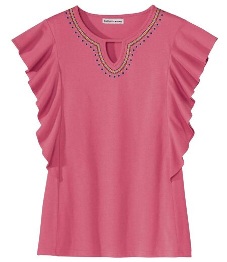 Women's Pink Ruffle Sleeve T-Shirt