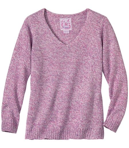 Rosa melierter Strickpullover mit V-Ausschnitt