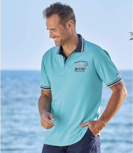 Pack of 2 Men's Nautical Short Sleeve Polo Shirts - Turquoise White