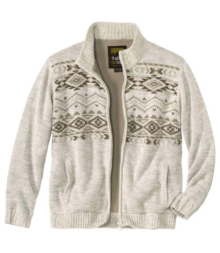 Men's Beige Fleece-Lined Knitted Jacket 