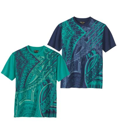 Pack of 2 Men's Printed T-Shirts - Green and Navy