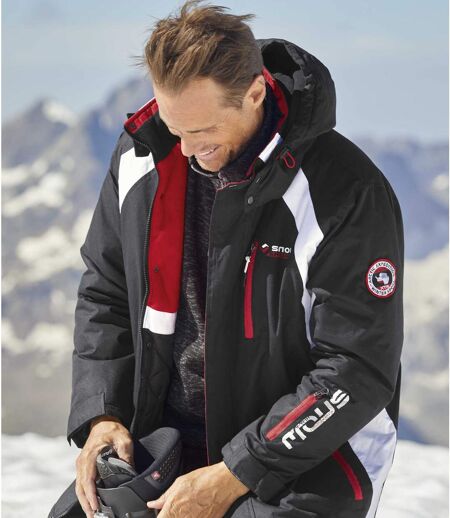 Men's Black & Red Parka Coat with Hood - Water-Repellent - Full Zip