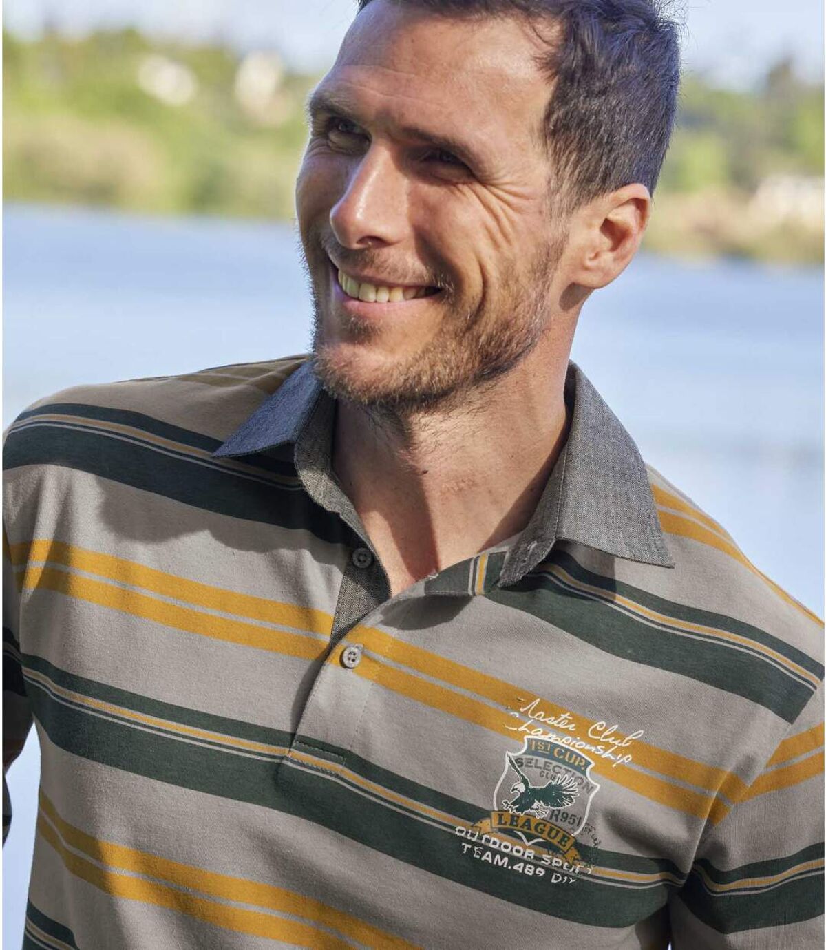 Men's Striped Long-Sleeved Polo Shirt - Gray Green Yellow Atlas For Men
