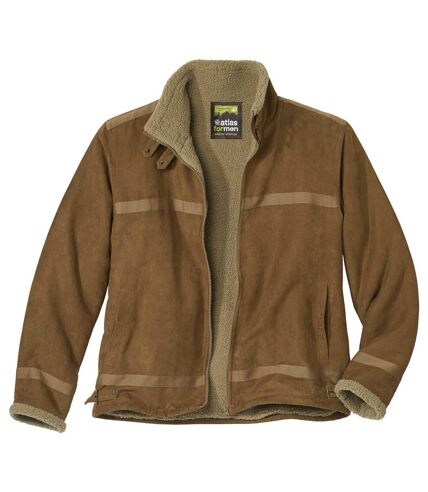 Men's Camel Full Zip Faux-Suede Jacket - Sherpa Lining - Water-Repellent