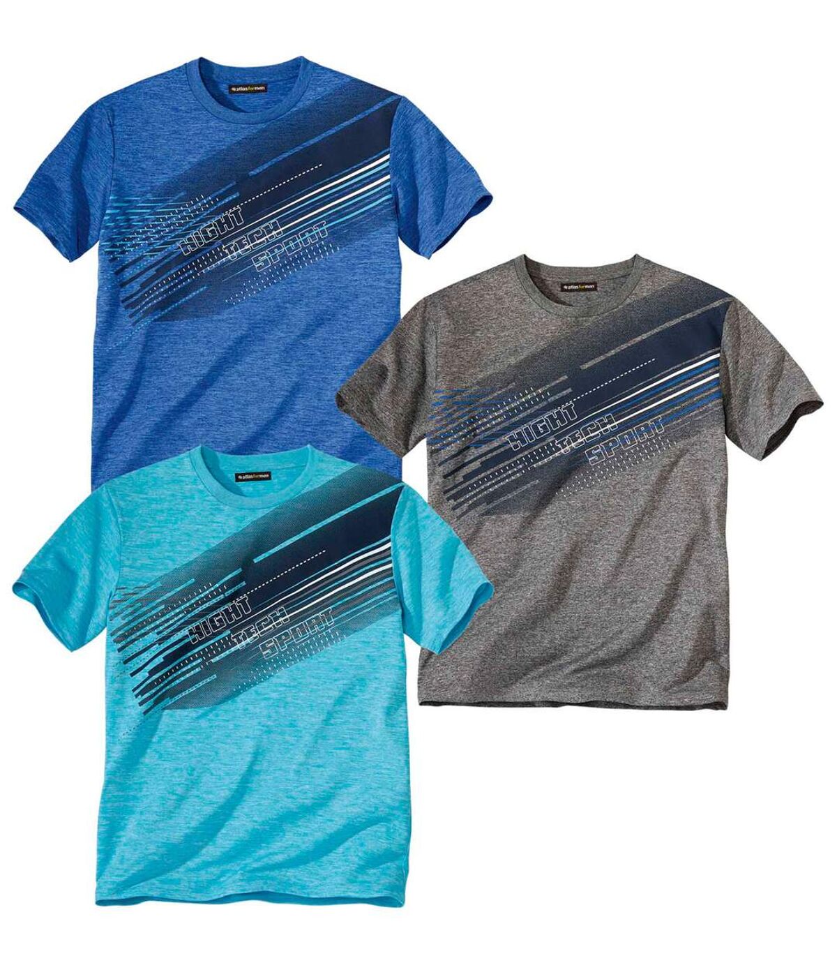 Pack of 3 Men's Sporty T-Shirts - Blue Gray Turquoise Atlas For Men