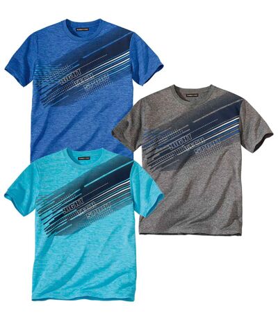 Pack of 3 Men's Sporty T-Shirts - Blue Grey Turquoise