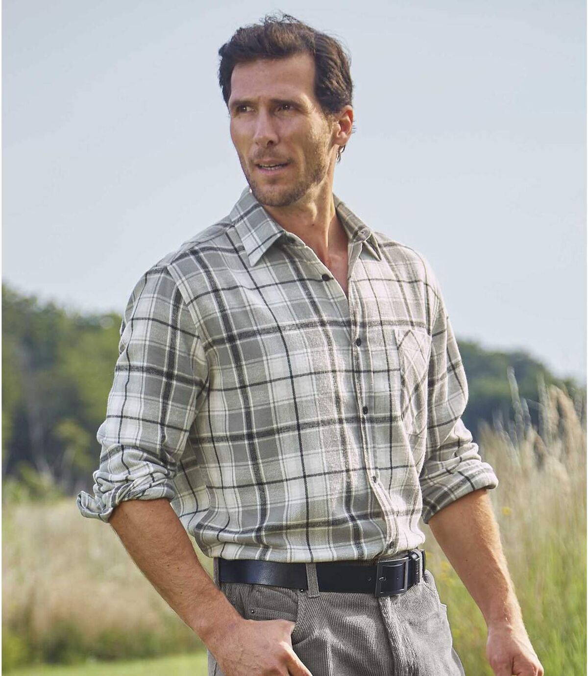 Men's Winter Checked Flannel Shirt - Grey Ecru Black Atlas For Men