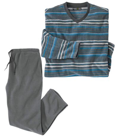 Men's Striped Microfleece Pyjamas - Blue Grey Ecru
