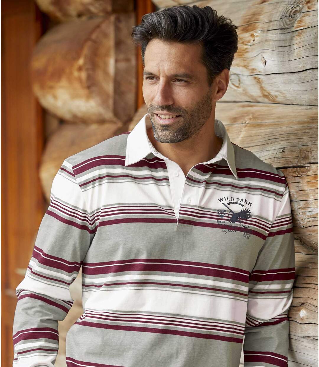 Men's Striped Eagle Print Polo Shirt - Gray Burgundy Atlas For Men