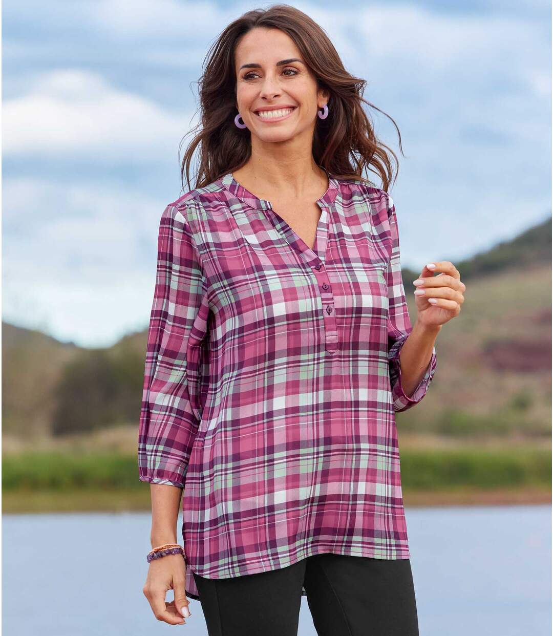 Women's Pink Checked Crepe Blouse-1