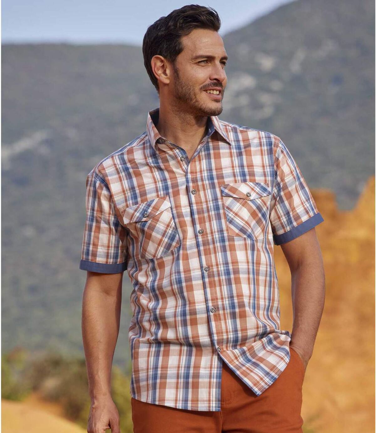 Mens Ecru Checked Poplin Shirt Atlas For Men