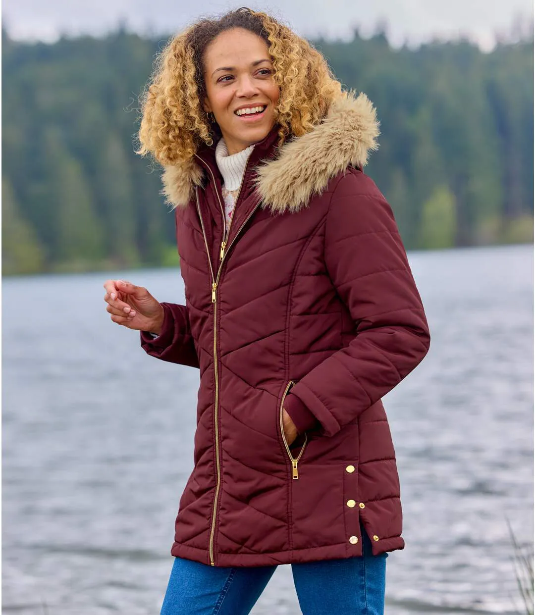 Burgundy Padded Jacket with Faux-Fur Hood-2
