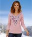 Women's Light Pink Long-Sleeve Top with Feather Print