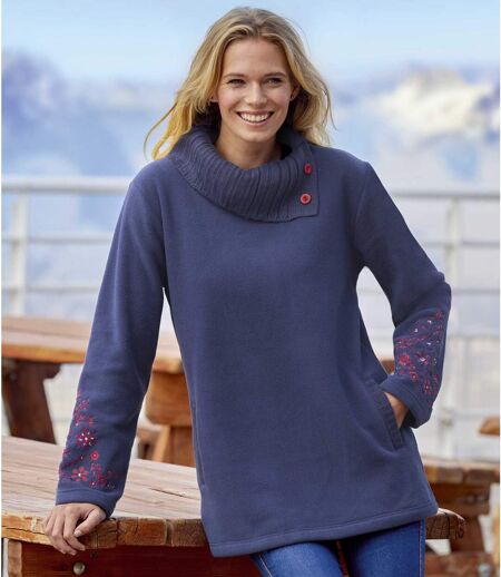 Women's Button-Neck Navy Fleece Sweater
