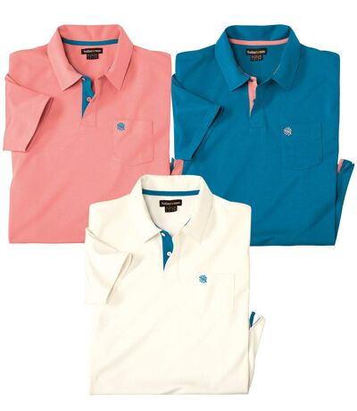 Pack of 3 Men's Summer Polo Shirts - Ecru Salmon Blue