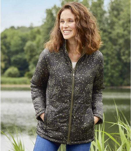 Women's Water-Repellent Reversible Puffer Jacket - Full Zip - Khaki
