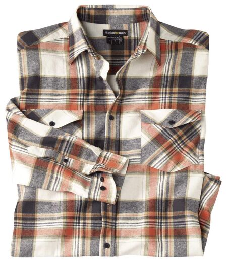 Men's Checked Flannel Shirt - Ecru Brown Orange 