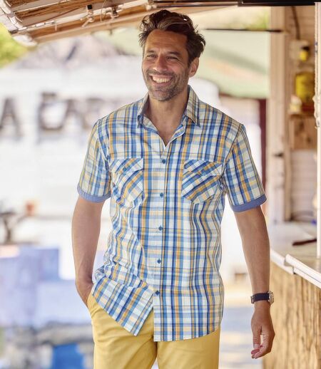 Men's Checked Short-Sleeved Shirt - Ecru Blue Orange
