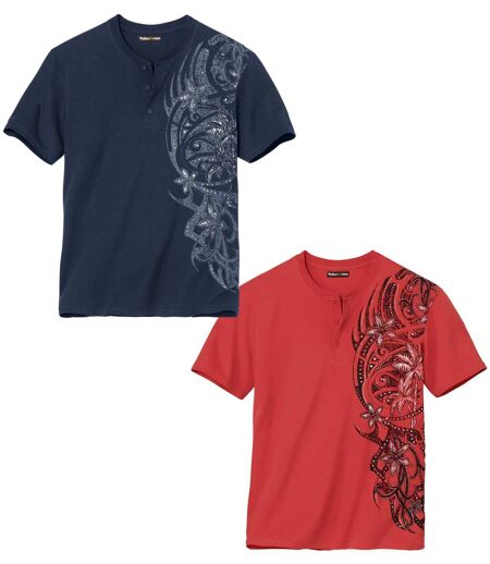 Pack of 2 Men's Henley-Neck T-Shirts - Navy Red 