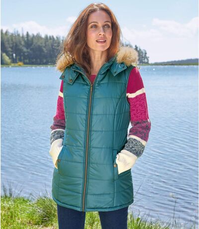 Women's Blue Longline Gilet With Detachable Hood - Water-Repellent