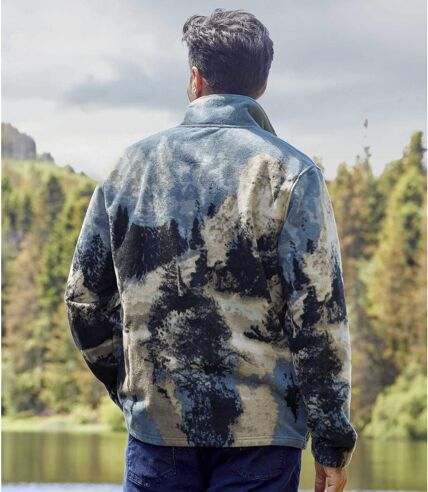 Men's Wolf Print Fleece Jacket - Blue Grey