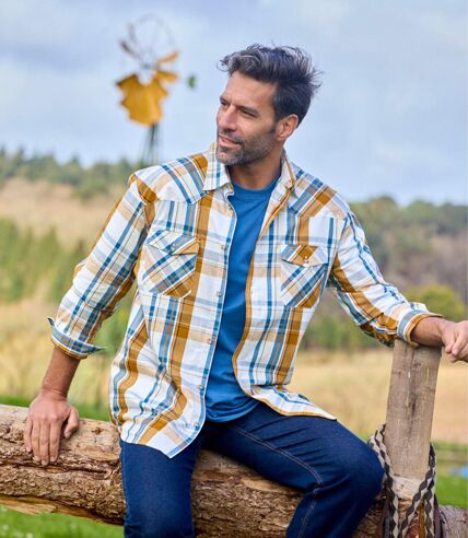 Men's Texas Checked Shirt - Ecru Yellow Blue