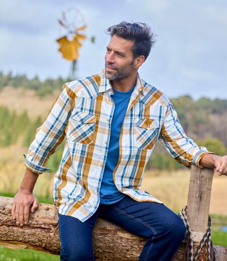 Men's Ecru Checked Shirt - Ecru Yellow Blue