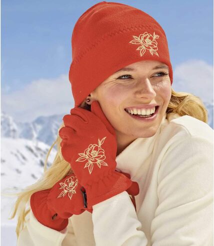 Women's Embroidered Fleece Gloves - Orange