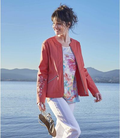 Women's Coral Jacket with Floral Embroidery