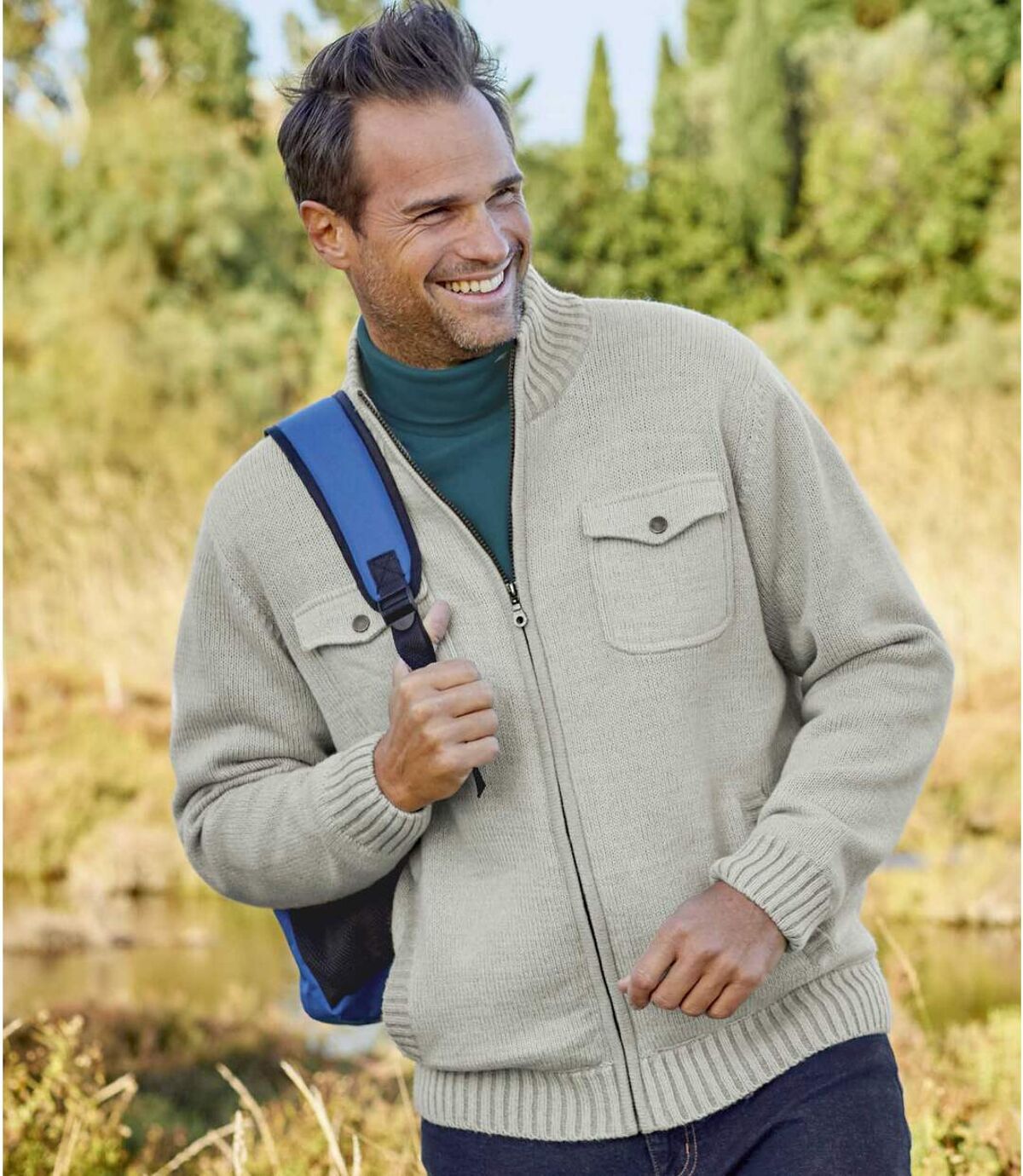 Men's Beige Multi-Pocket Knitted Jacket - Full Zip  Atlas For Men