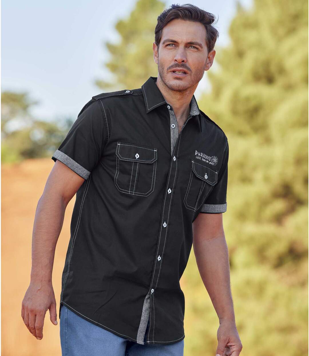 Men's Black Aviator-Style Shirt - Short-Sleeved Atlas For Men