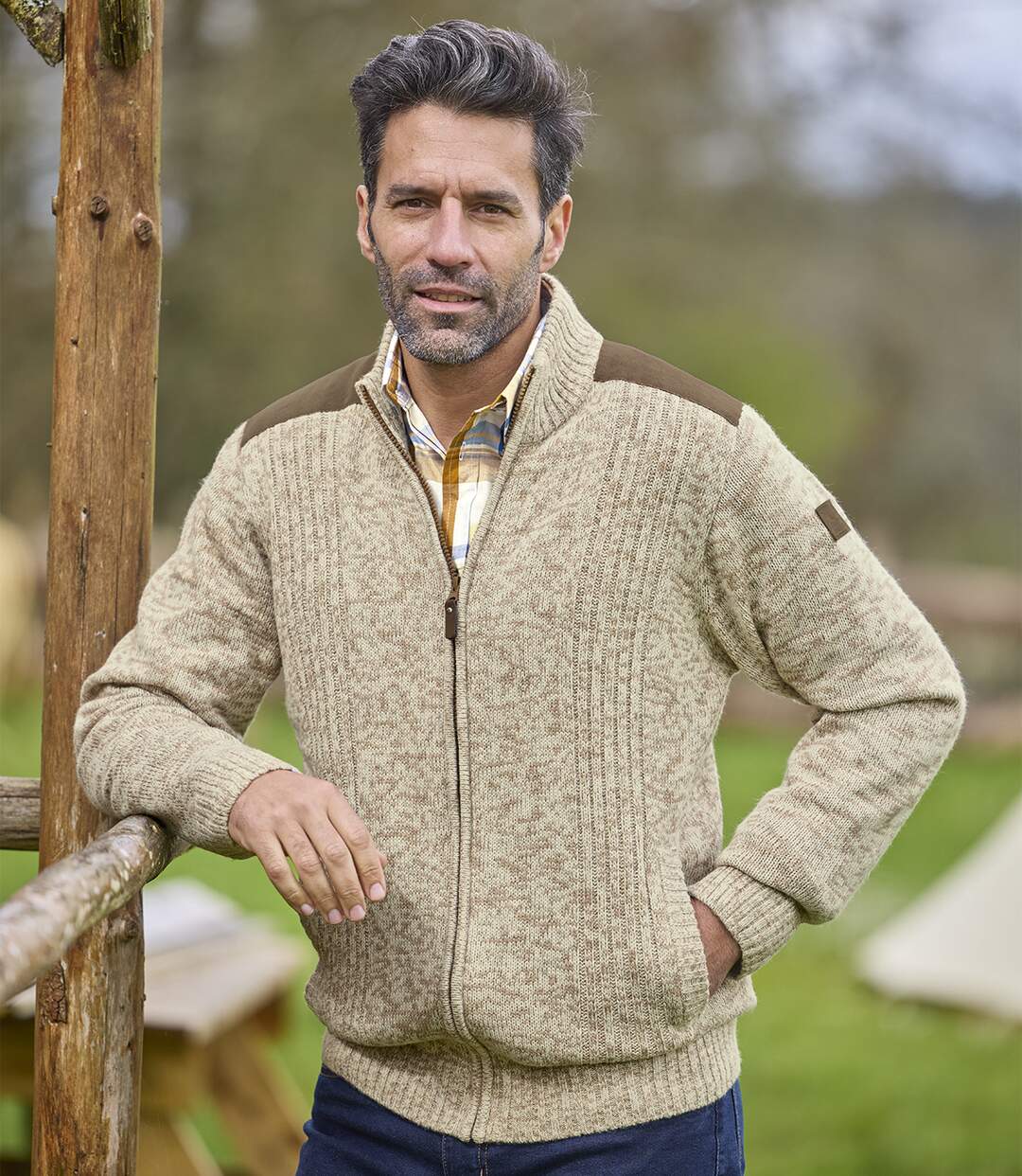 Men's Beige Zip-Up Knitted Jacket-1