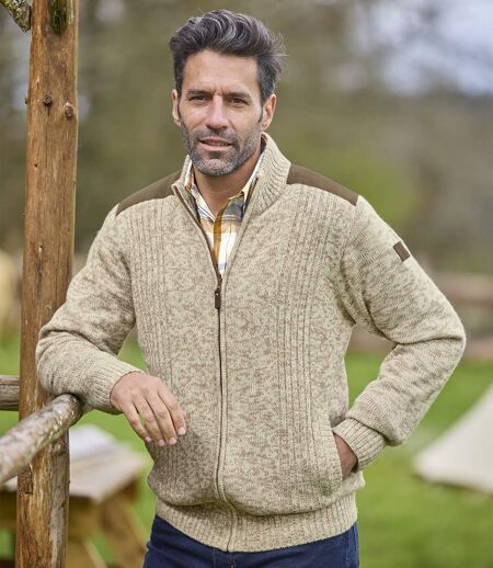Men's Beige Zip-Up Knitted Jacket