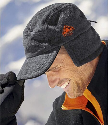 Men's Grey Fleece Cap with Ear Warmer Flaps - Water-Repellent
