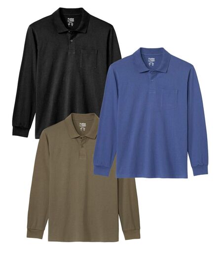 Pack of 3 Men's Long Sleeve Polo Shirts - Black Khaki Blue